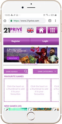 21 Prive Mobile Casino Lobby