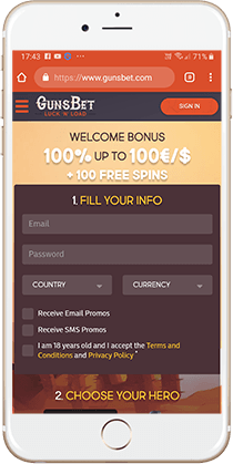 Gunsbet Casino Mobile Lobby